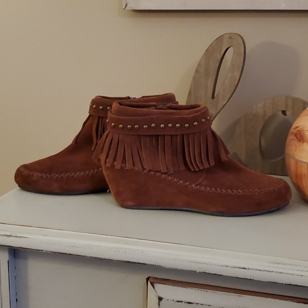 Aldo brushed leather fringe wedge bootie